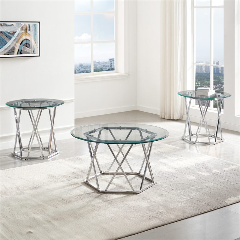 Pemberly Row Contemporary Round Tempered Glass Cocktail Table in Silver