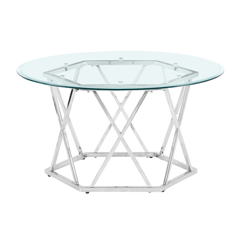 Pemberly Row Contemporary Round Tempered Glass Cocktail Table in Silver
