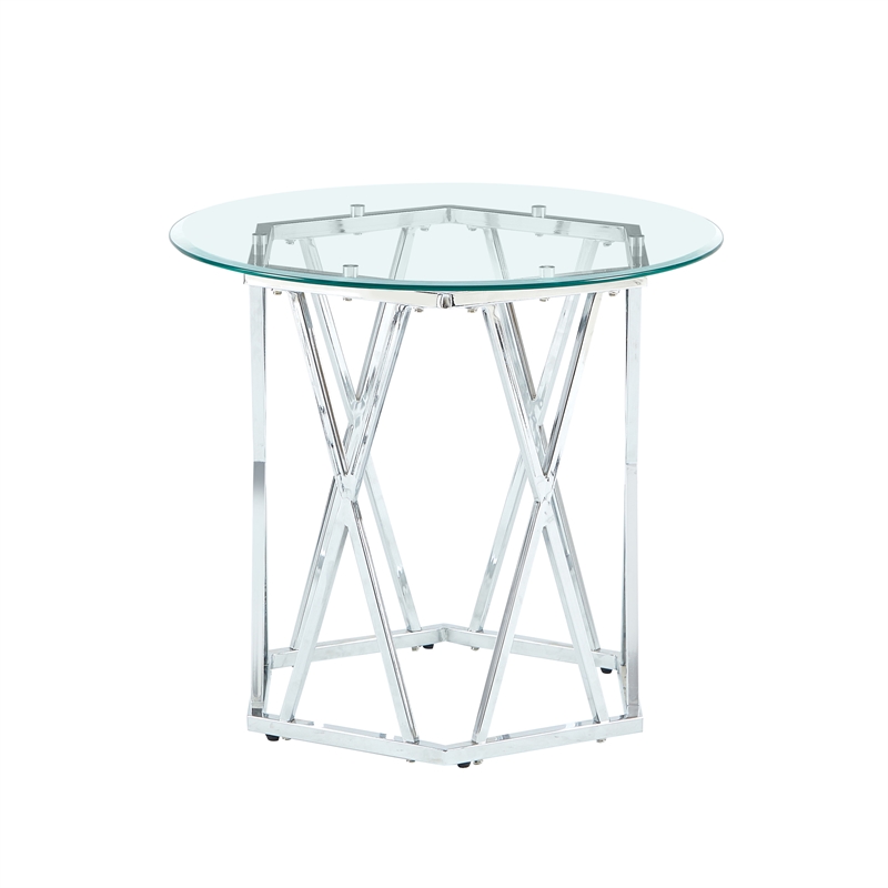 Pemberly Row Round Tempered Glass and Iron End Table in Silver