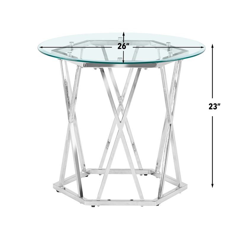 Pemberly Row Round Tempered Glass and Iron End Table in Silver