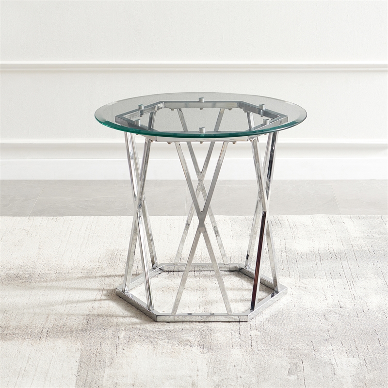 Pemberly Row Round Tempered Glass and Iron End Table in Silver