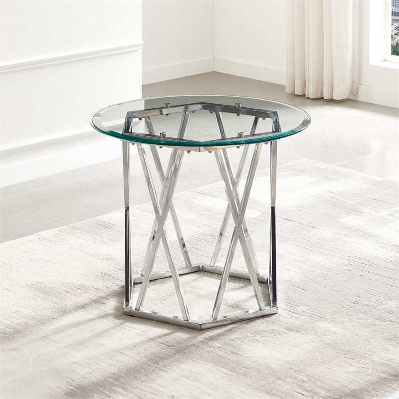 Pemberly Row Round Tempered Glass and Iron End Table in Silver