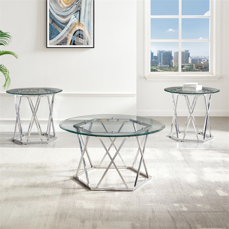 Pemberly Row Round Tempered Glass and Iron End Table in Silver