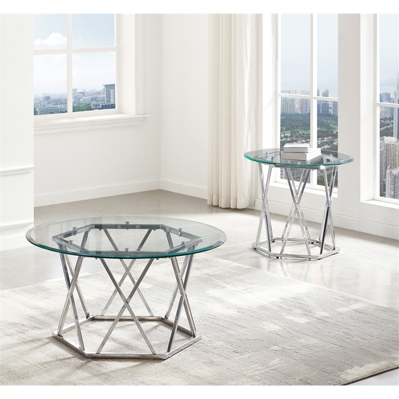 Pemberly Row Round Tempered Glass and Iron End Table in Silver