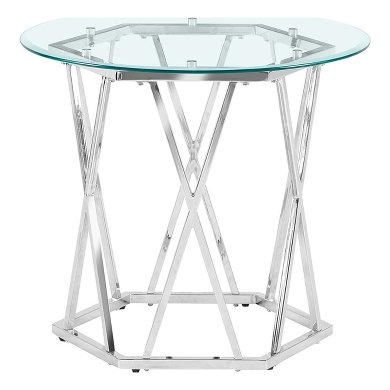 Pemberly Row Round Tempered Glass and Iron End Table in Silver