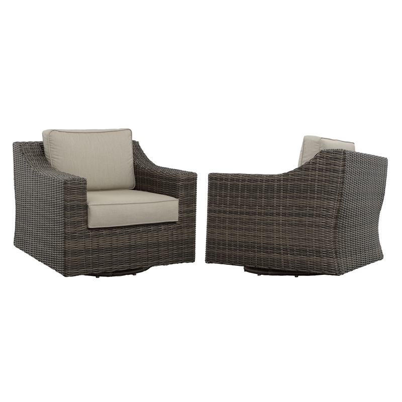 Pemberly Row Swivel Lounge Chair with .5 Round Wicker in Brown (Set of 2)