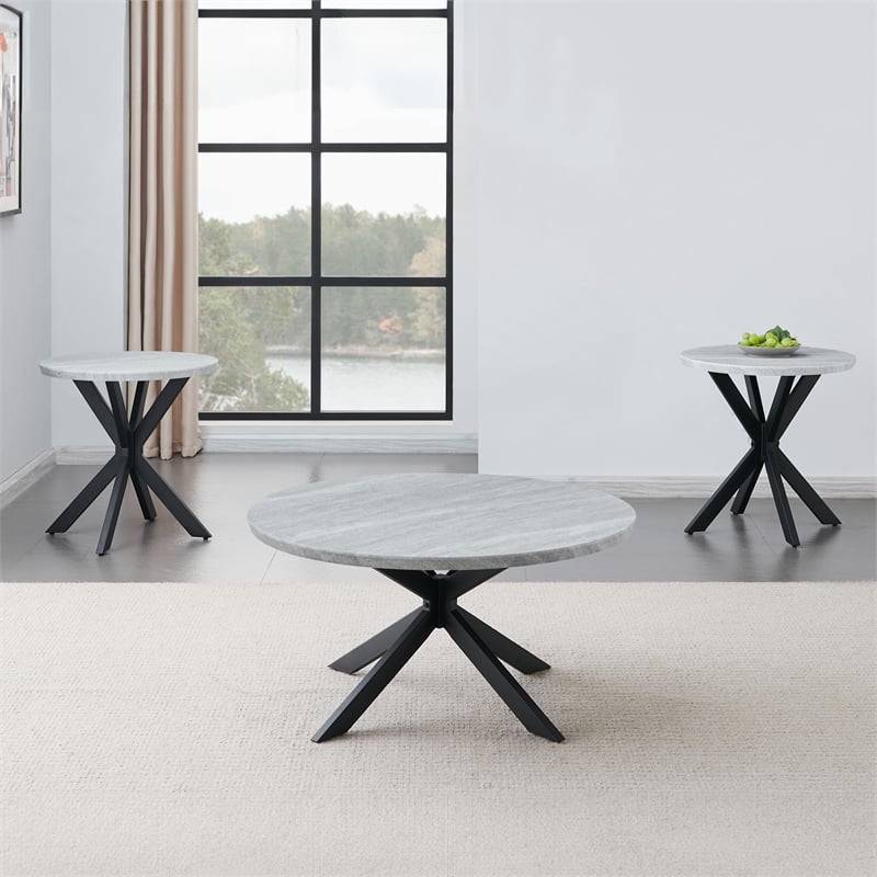 Pemberly Row Contemporary Faux Marble Round End Table in Gray