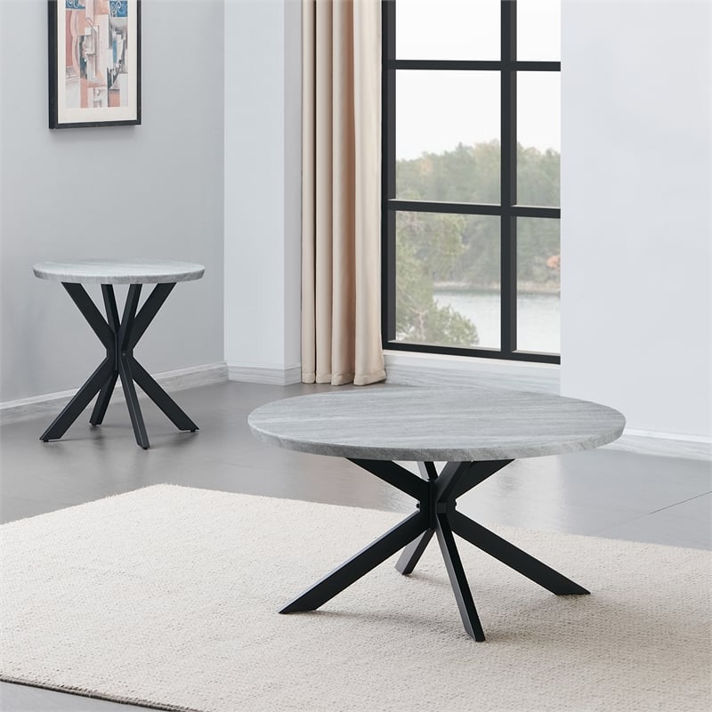 Pemberly Row Contemporary Faux Marble Round End Table in Gray