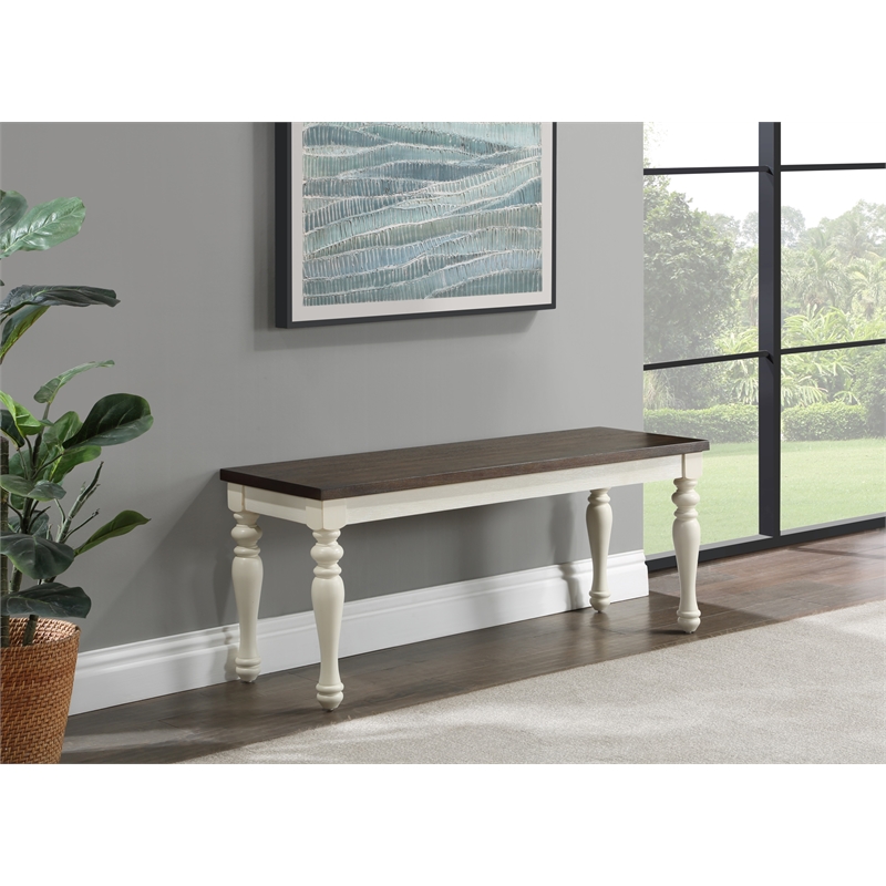 Pemberly Row Farmhouse Engineered Wood Two-Tone Bench in White