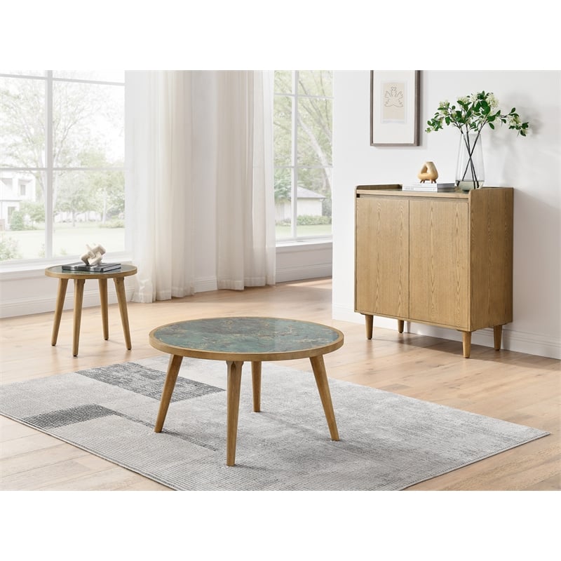 Pemberly Row Engineered Wood End Table with Sintered Stone in Light Brown