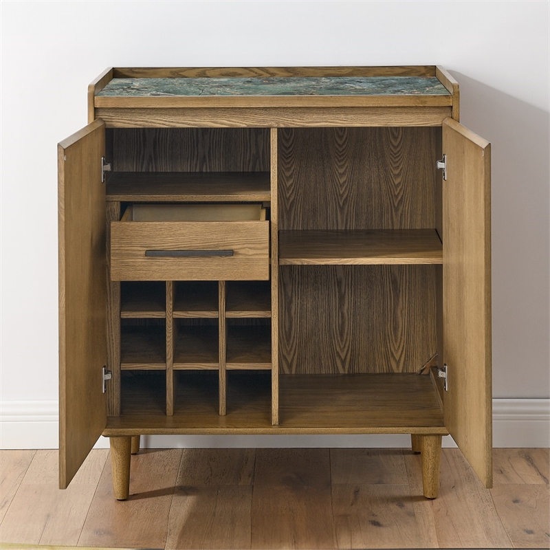 Pemberly Row Contemporary Sintered Stone Top Bar Cabinet in Light Brown