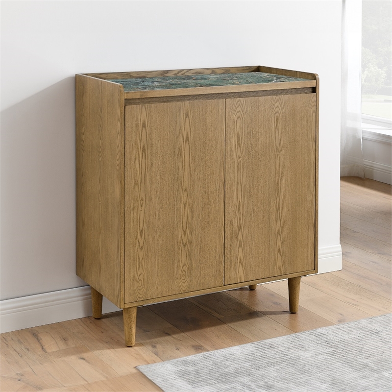 Pemberly Row Contemporary Sintered Stone Top Bar Cabinet in Light Brown