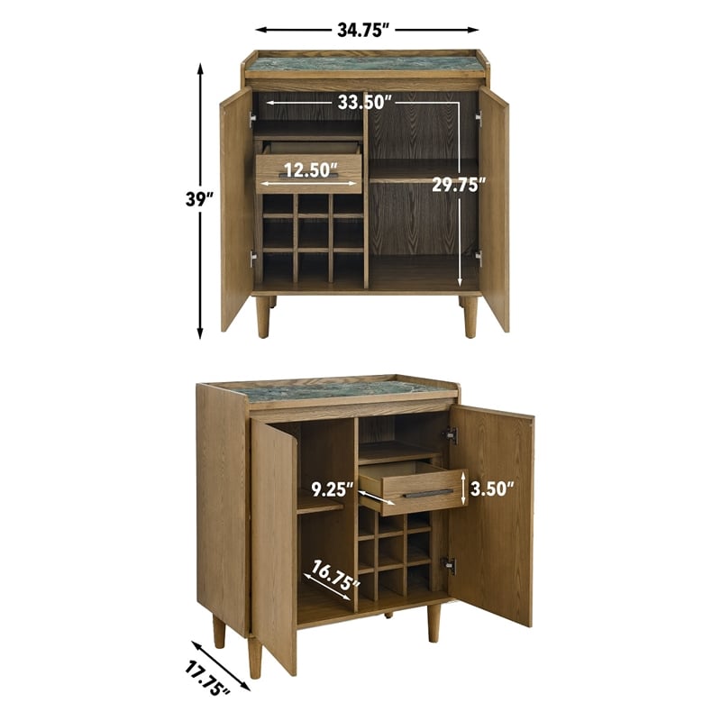Pemberly Row Contemporary Sintered Stone Top Bar Cabinet in Light Brown