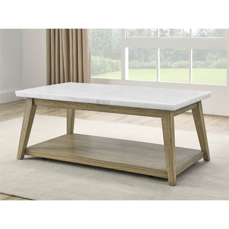 Pemberley Row Marble White Cocktail Table Rectangular with Casters 48