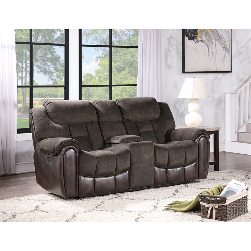 Pemberly Row Modern / Contemporary Power Console Loveseat in Brown