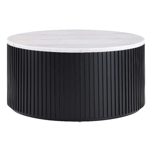 Pemberly Row 36&quot Round White Marble Top Coffee Table with Casters Black Finish