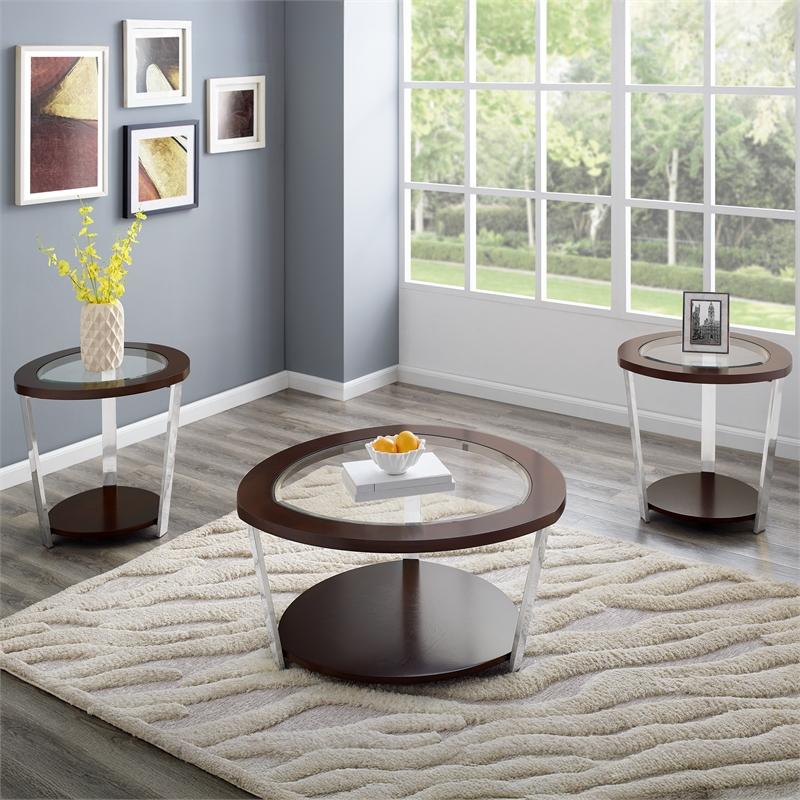 Pemberly Row Engineered Wood Contemporary 3-piece Coffee Table Set in Brown