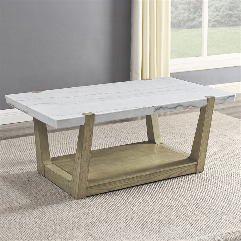 Pemberly Row Contemporary White Marble Cocktail Table with Casters