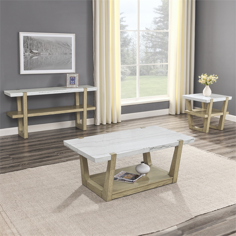 Pemberly Row Contemporary White Marble Cocktail Table with Casters