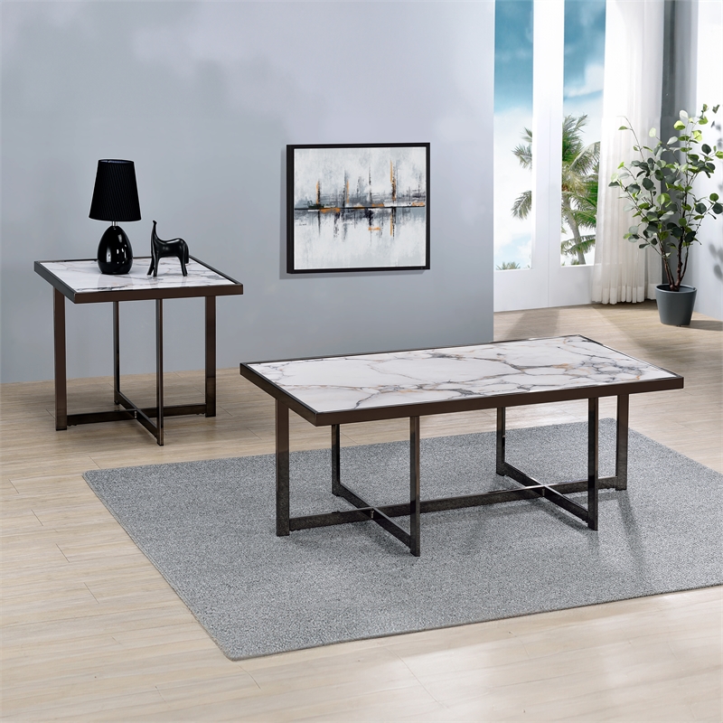 Pemberly Row Contemporary Sintered Stone Cocktail Table in White