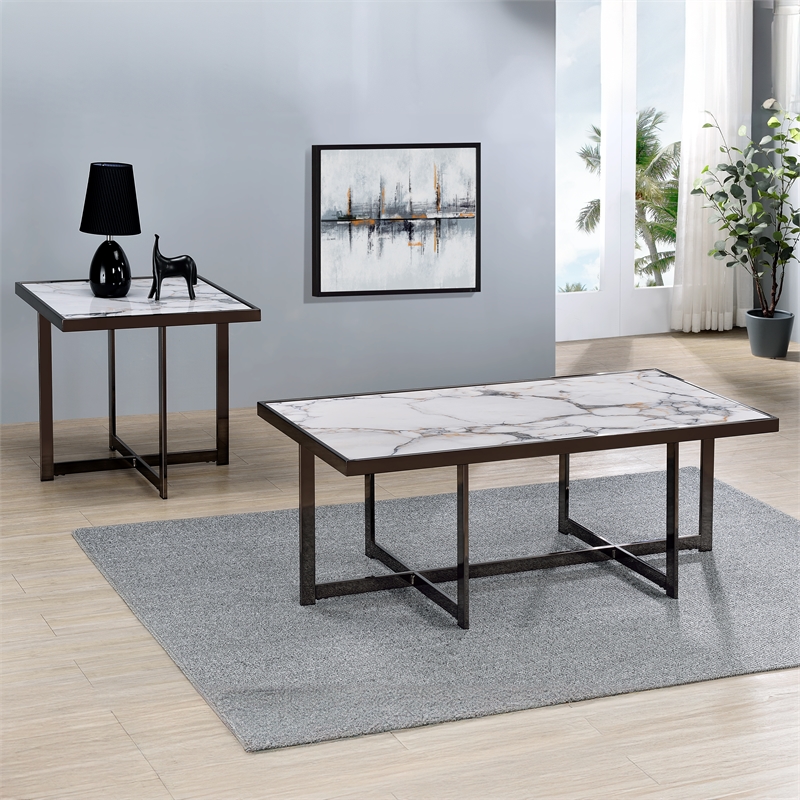 Pemberly Row Contemporary Sintered Stone Square End Table in White