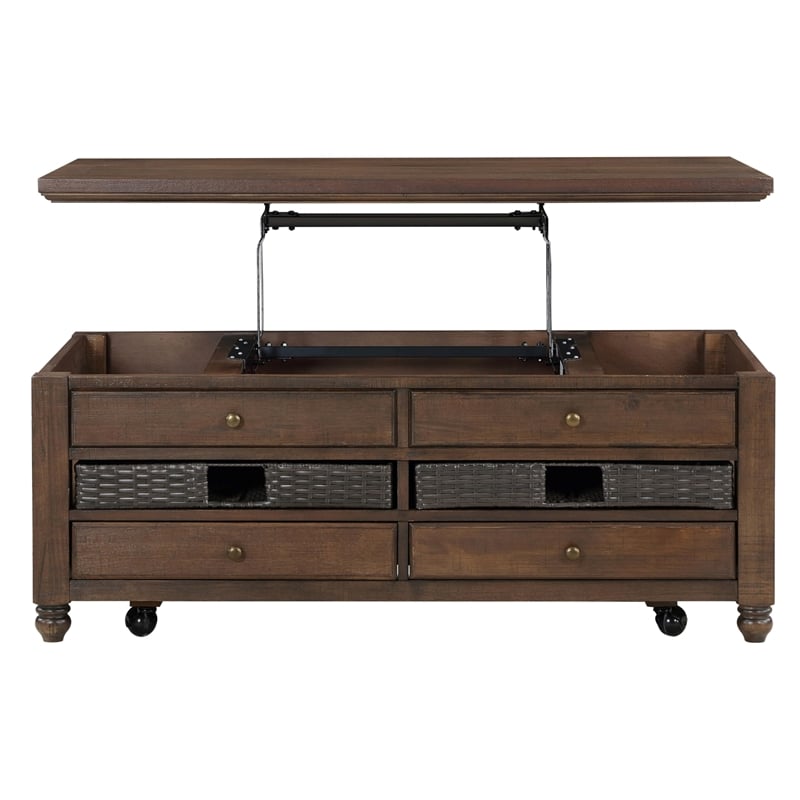 Pemberly Row Contemporary Lift-Top Cocktail Table with Casters in Brown