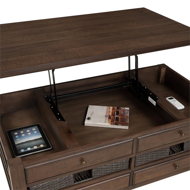 Pemberly Row Contemporary Lift-Top Cocktail Table with Casters in Brown