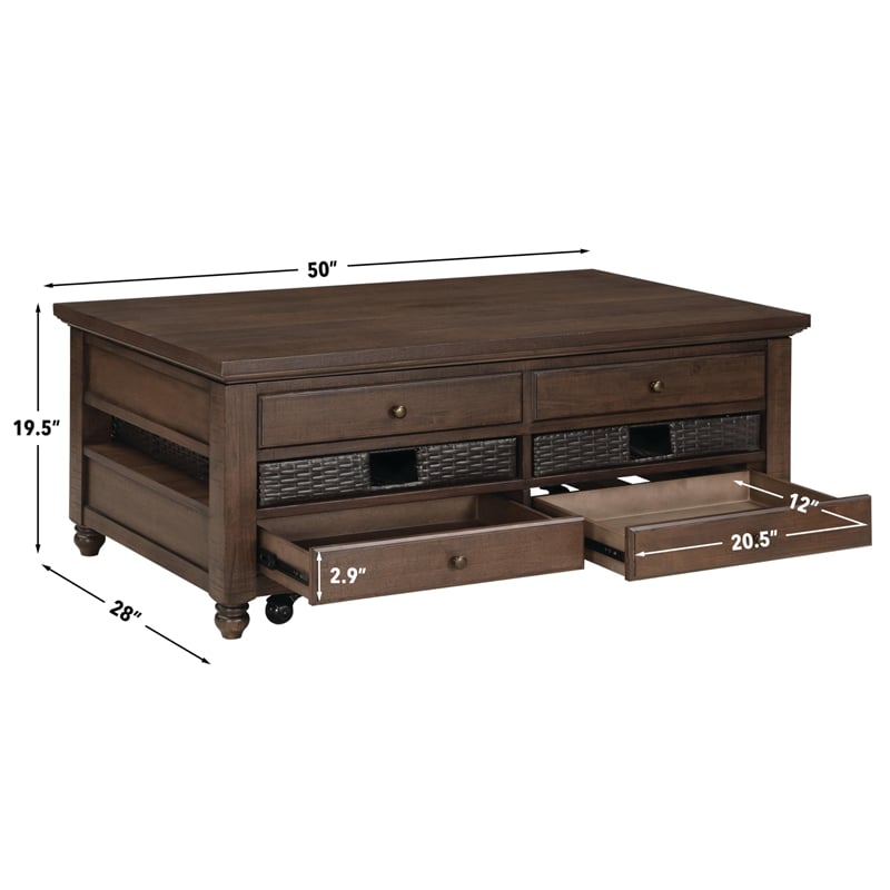 Pemberly Row Contemporary Lift-Top Cocktail Table with Casters in Brown