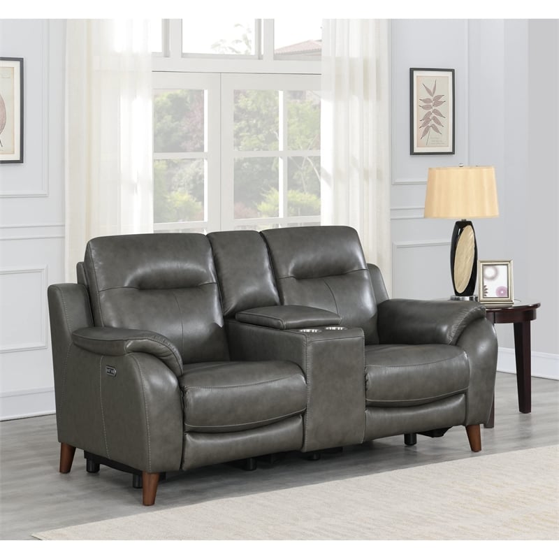 Pemberly Row Engineered Wood Contemporary Power Console Loveseat in Brown