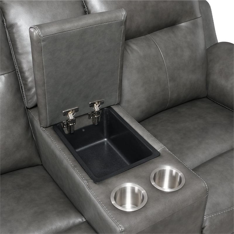 Pemberly Row Engineered Wood Contemporary Power Console Loveseat in Brown