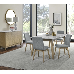 Pemberly Row 5-piece Set of White Marble Table with 4 Upholstered Side Chairs