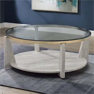 Pemberly Row 42&quot Round Glass Top Coffee Table with Casters in Beige