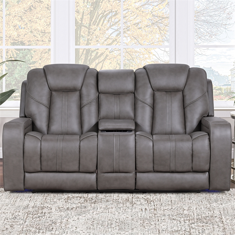Pemberly Row Contemporary Triple Power Leather Theater Love Seat in Gray