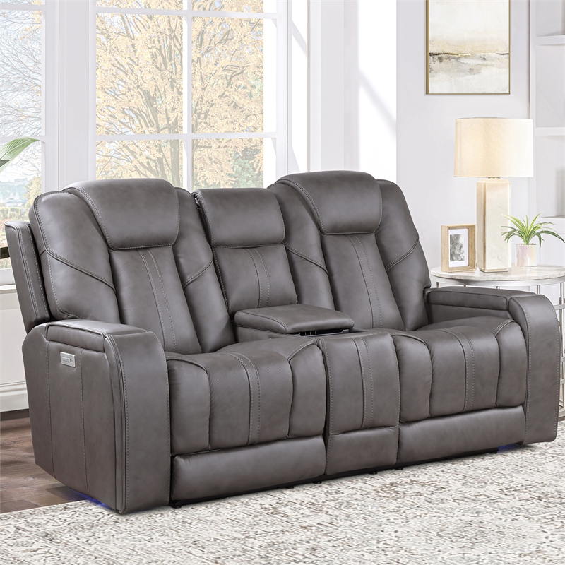 Pemberly Row Contemporary Triple Power Leather Theater Love Seat in Gray