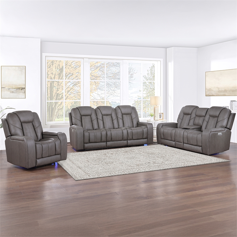 Pemberly Row Contemporary Triple Power Leather Theater Love Seat in Gray