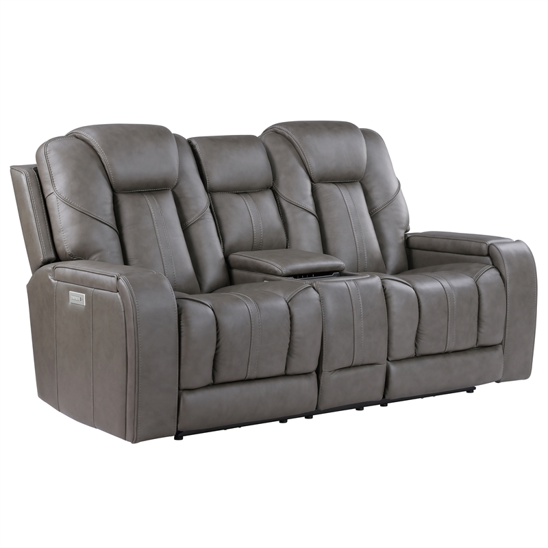 Pemberly Row Contemporary Triple Power Leather Theater Love Seat in Gray