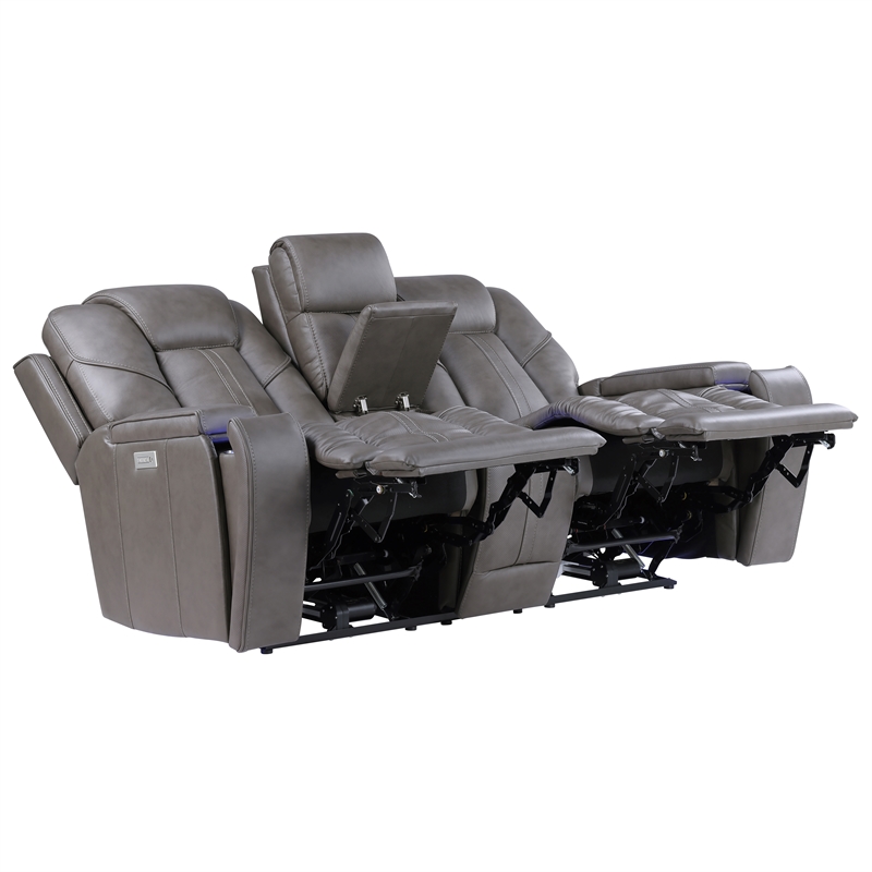 Pemberly Row Contemporary Triple Power Leather Theater Love Seat in Gray