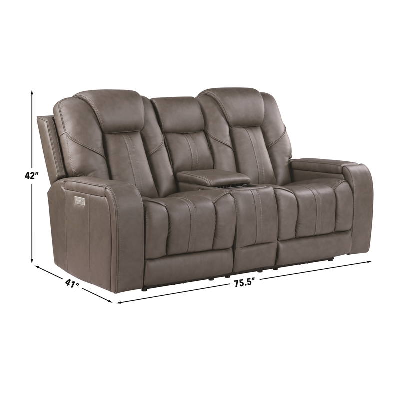 Pemberly Row Contemporary Triple Power Leather Theater Love Seat in Gray