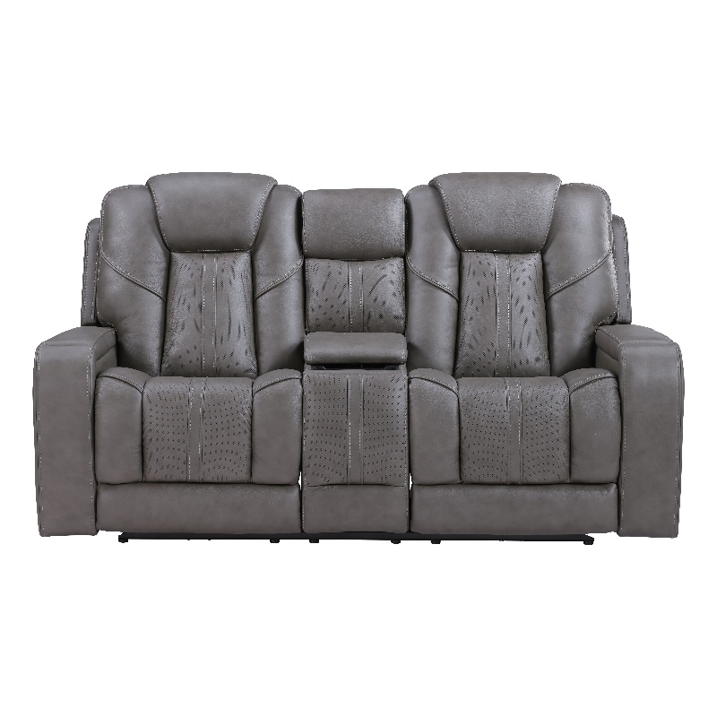 Pemberly Row Contemporary Triple Power Leather Theater Love Seat in Gray