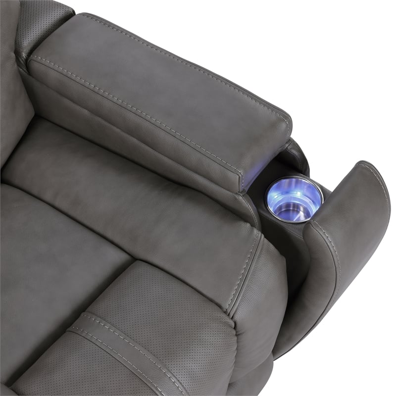 Pemberly Row Contemporary Triple Power Leather Theater Sofa in Gray