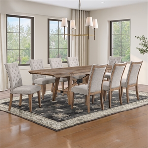 Pemberly Row Contemporary Trestle Dining Table with 8 Chairs in Brown