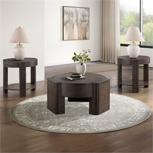 Pemberly Row Contemporary Espresso Round Coffee & End Table Set in Brown