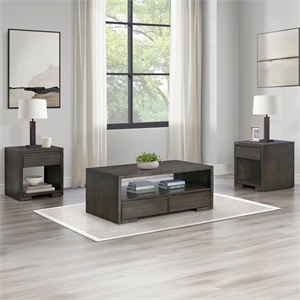 Pemberly Row Contemporary 3-Piece Coffee & End Set Table in Brown
