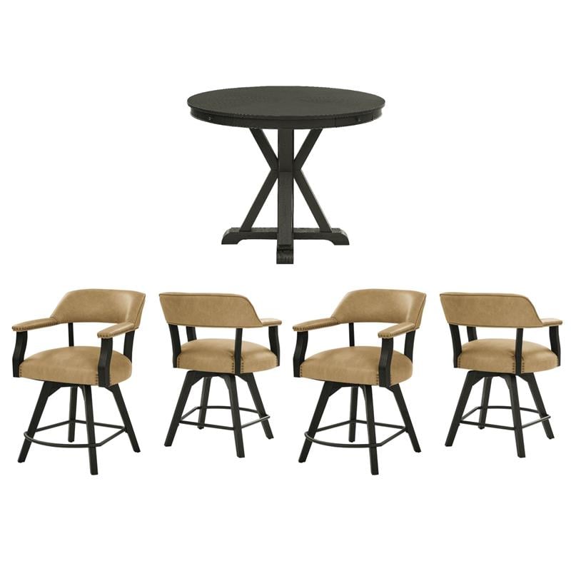 Pemberly Row 5-Pc Set of Faux Leather Swivel Counter Arm Chairs & Table