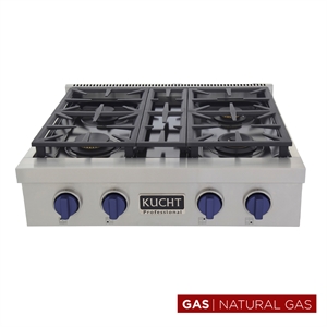 Pemberly Row 30&quot Natural Gas Range Top in Stainless Steel with Royal Blue Knobs