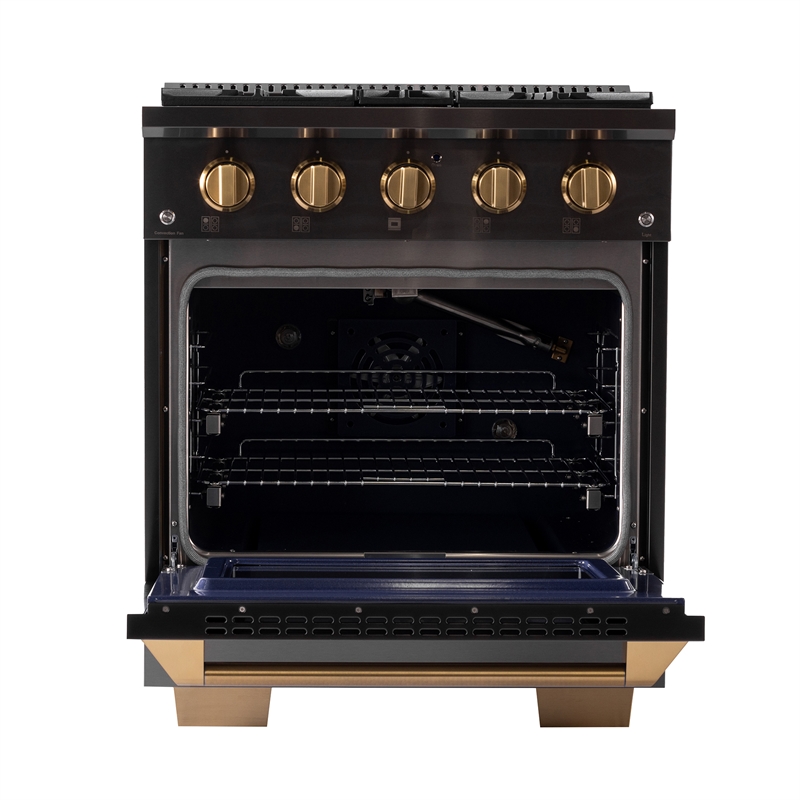 Pemberly Row Dual Fuel Range for Natural Gas in Titanium & Wall Mount Range Hood