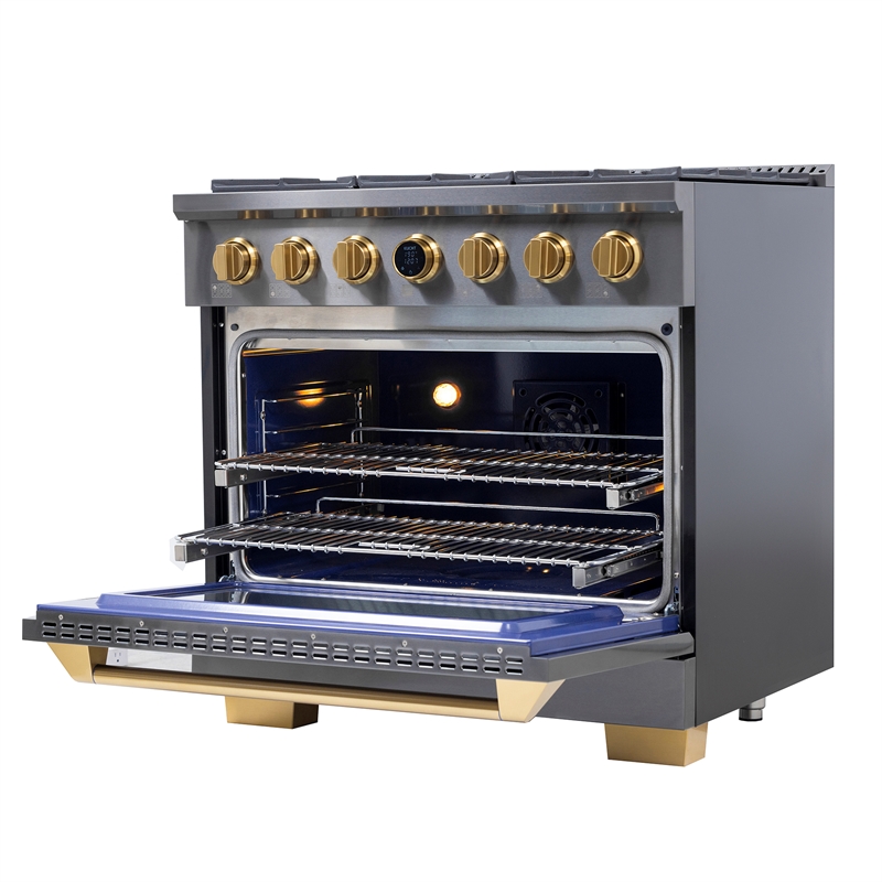 Pemberly Row Dual Fuel Range Natural Gas in Titanium Steel Wall Mount Range Hood