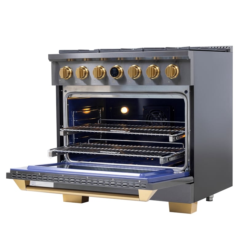 Pemberly Row Dual Fuel Range Propane Gas in Titanium Steel Wall Mount Range Hood