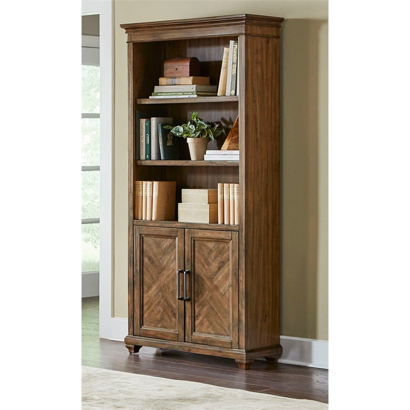 Pemberly Row Wood Bookcase W/ Doors Office Storage Fully Assembled in Brown