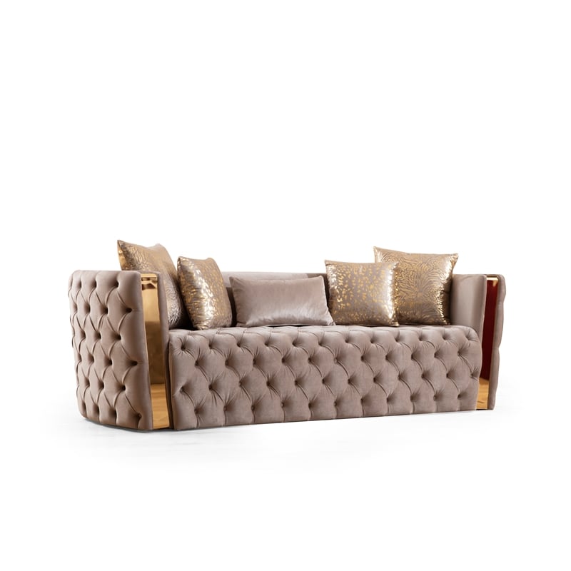 Pemberly Row Button Tufted 3Pc Set with Velvet Fabric & Gold Accent in Off White
